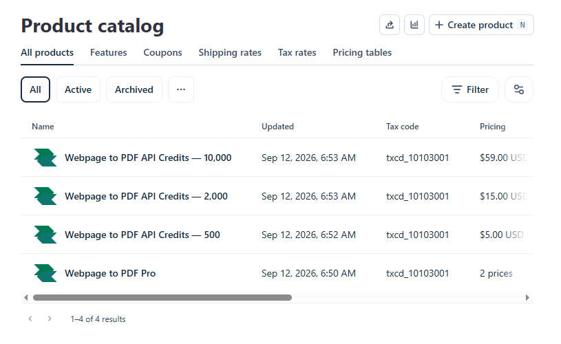 Stripe product list