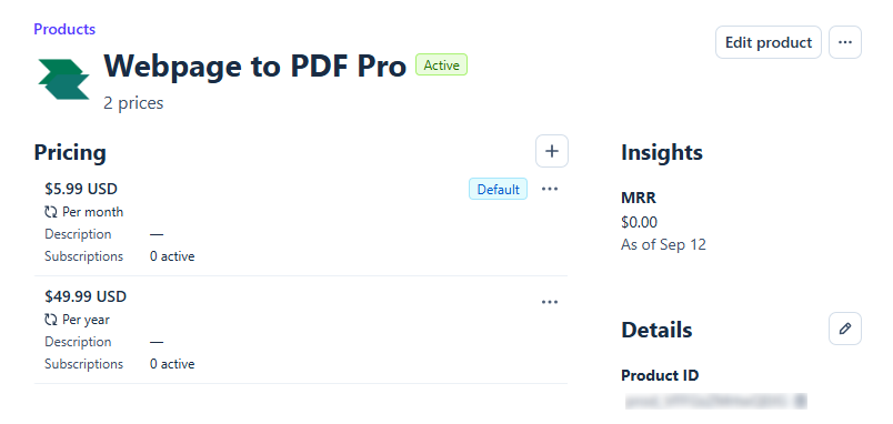 Stripe product Pricing list