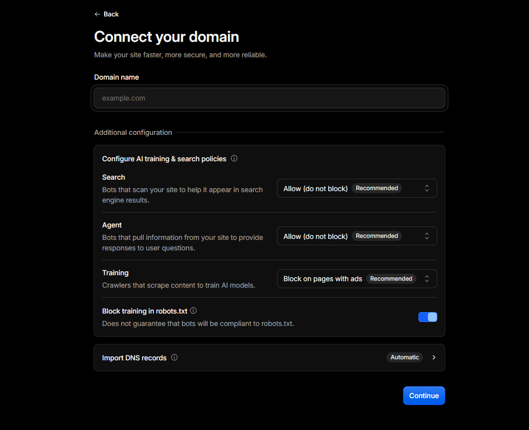 Enter the root domain to connect in Cloudflare