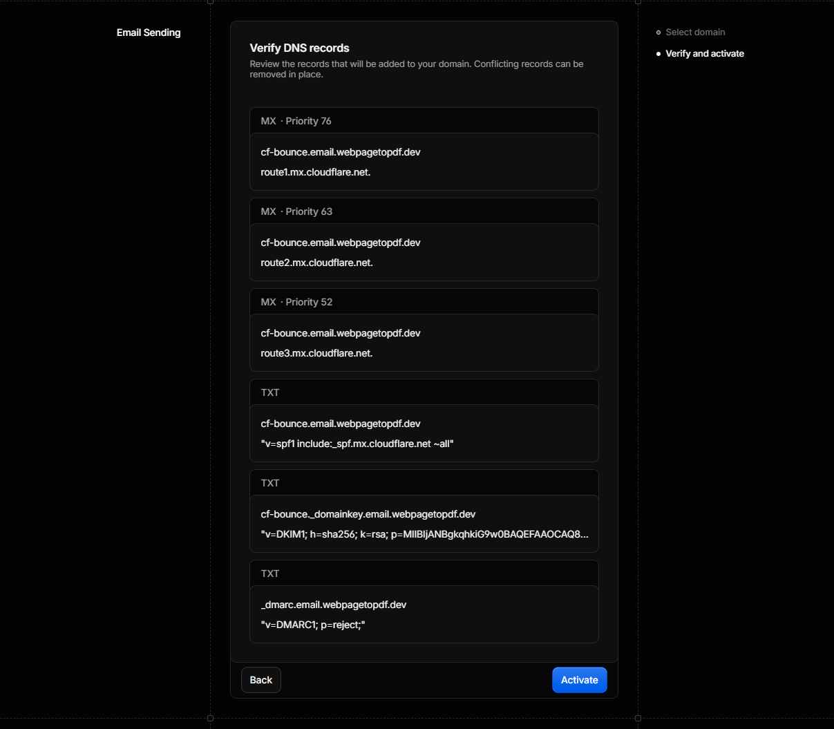 Review DNS records required by Cloudflare Email Sending
