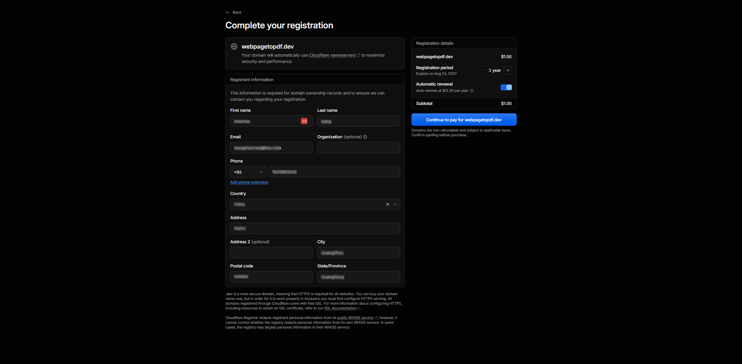 Enter domain registration details