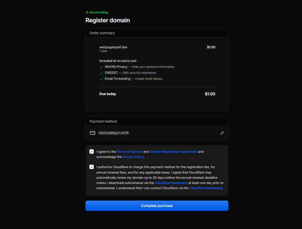 Review the domain order and complete payment