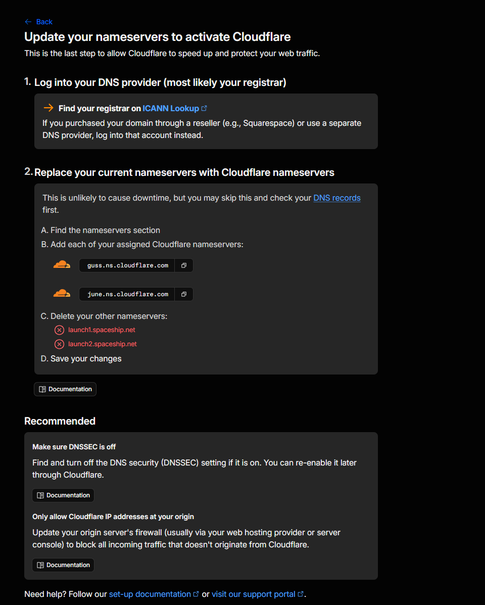 View the nameserver addresses assigned by Cloudflare