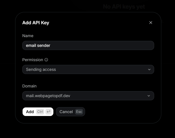 Create a sending-only Resend API key