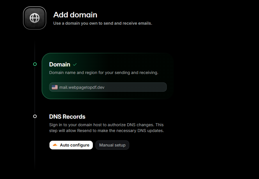 Choose automatic Resend DNS configuration