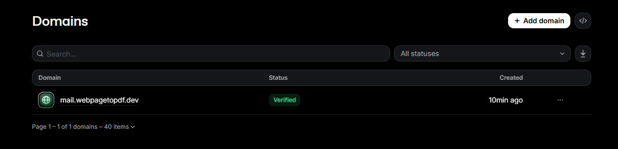Resend domain verification succeeded