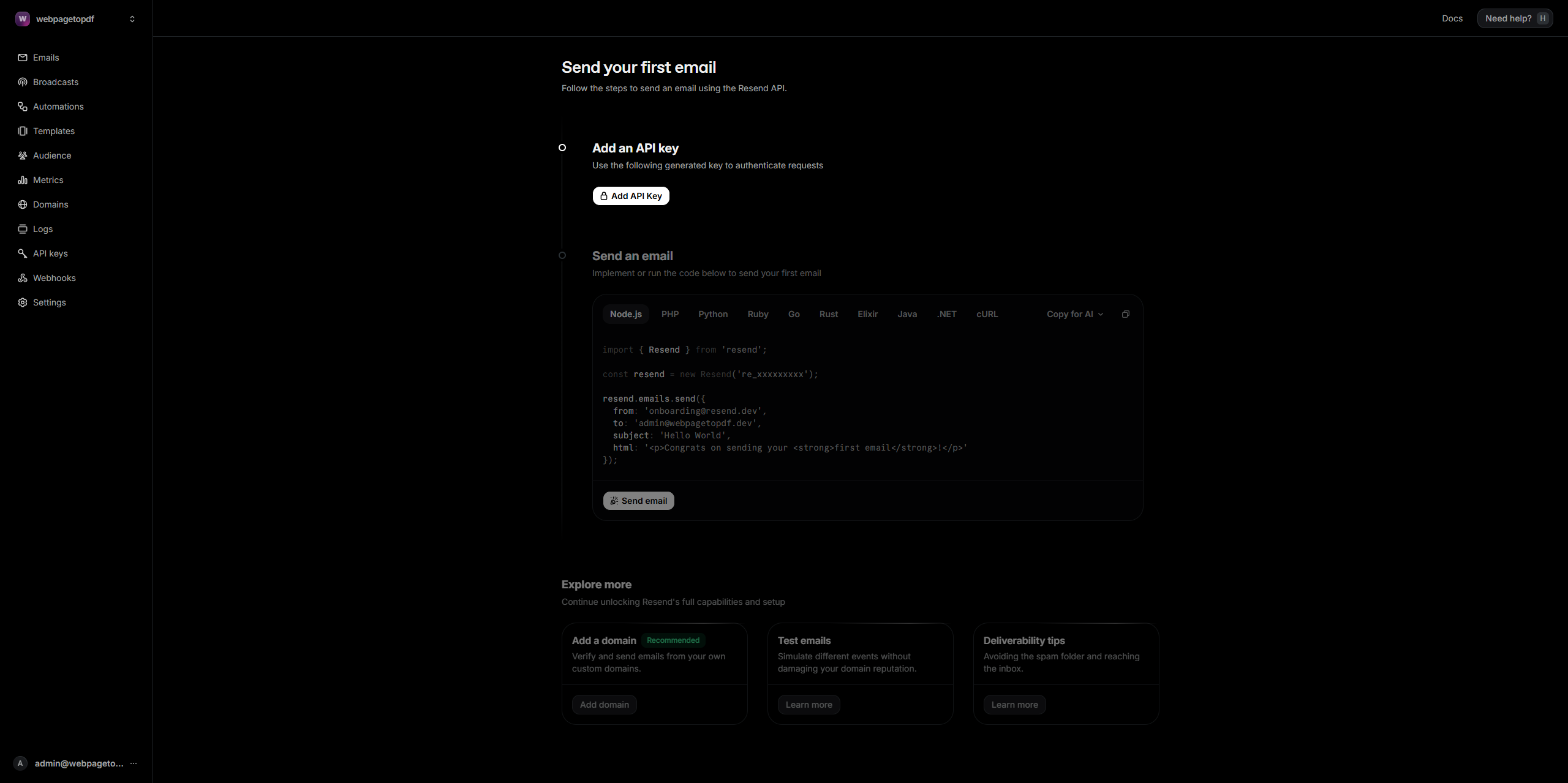 Resend dashboard homepage
