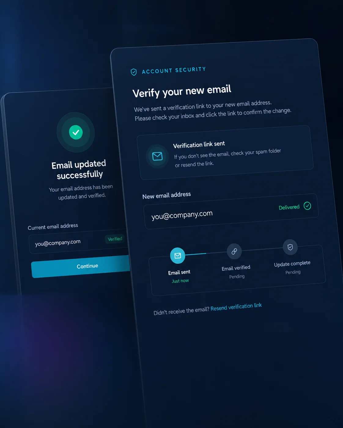 Email lifecycle — Verify addresses, resend codes, and confirm email changes.