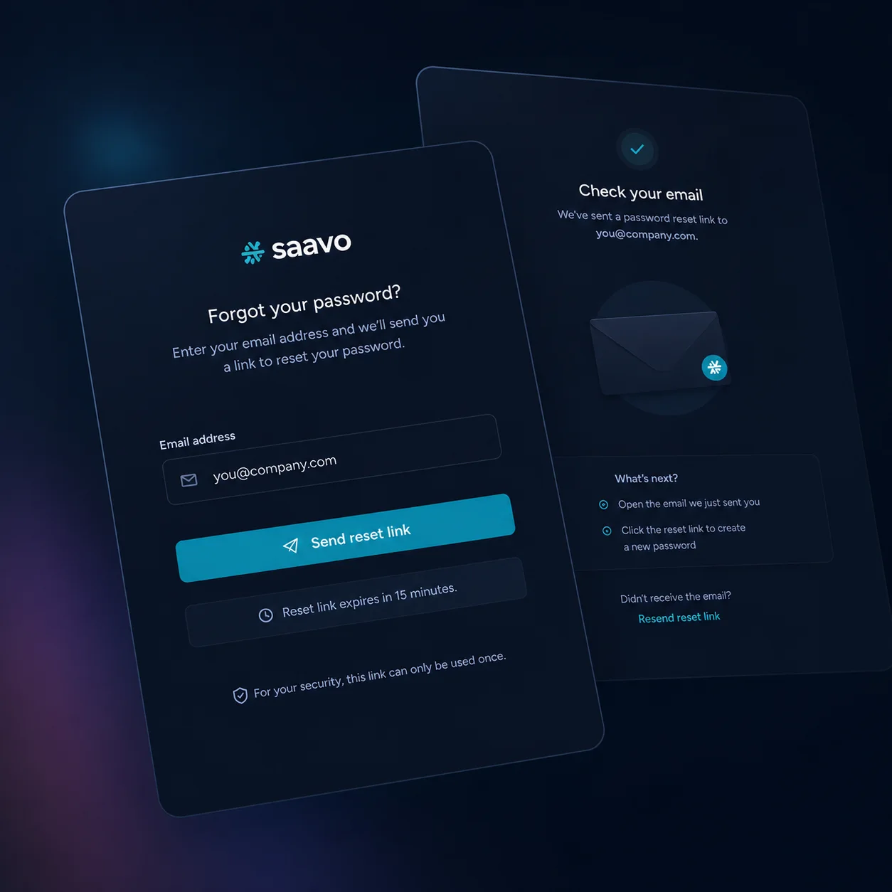 Password recovery — Time-bounded reset sessions help users regain access safely.