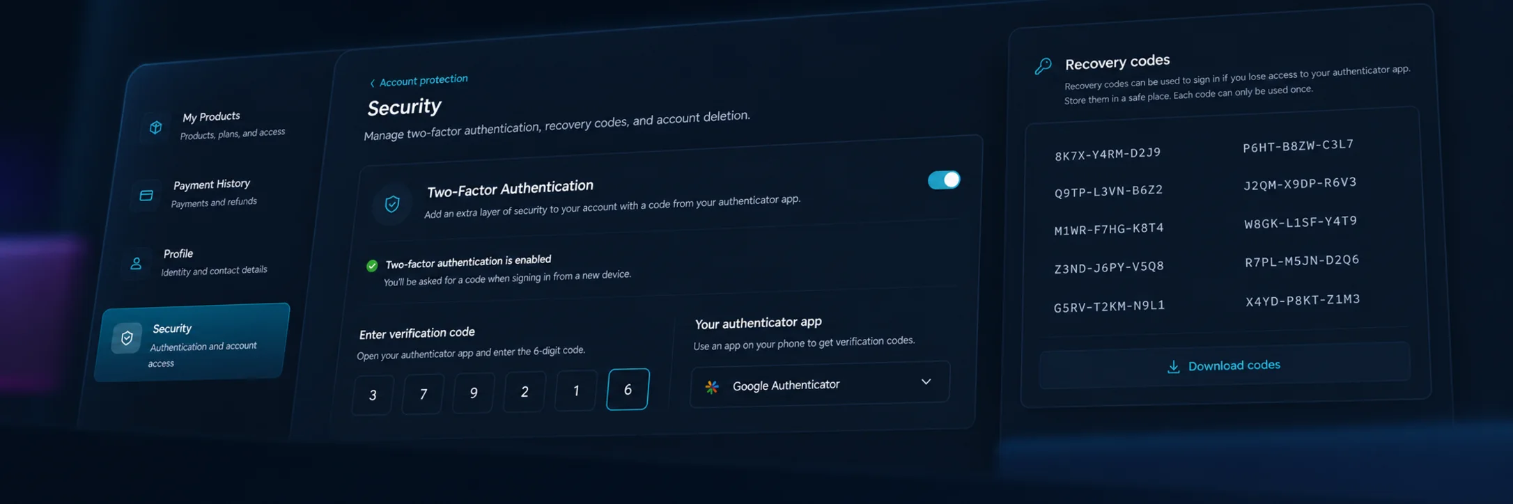 Two-factor security — TOTP setup, verification, recovery codes, and protected changes.