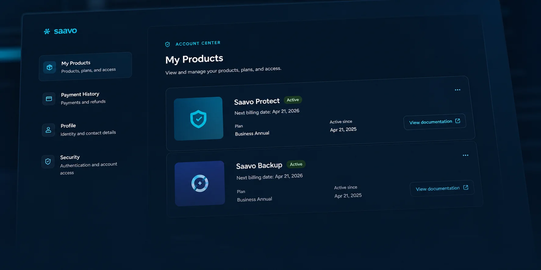 Products after purchase — Customers can see products, plans, access periods, and documentation.