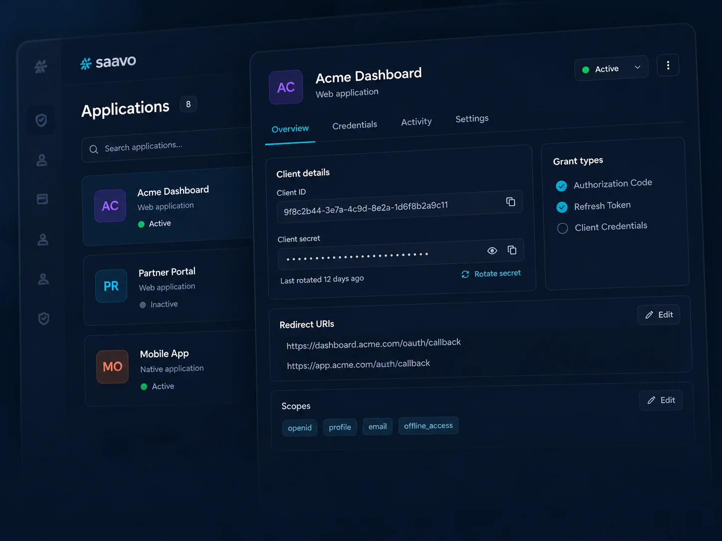 OAuth client management — Configure clients, grant types, scopes, and status.