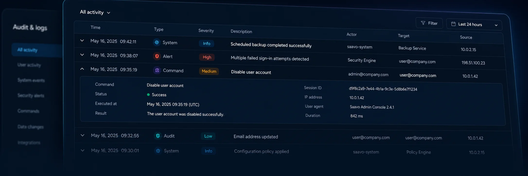 Logs and execution visibility — Trace system, alert, audit, event, and command outcomes.