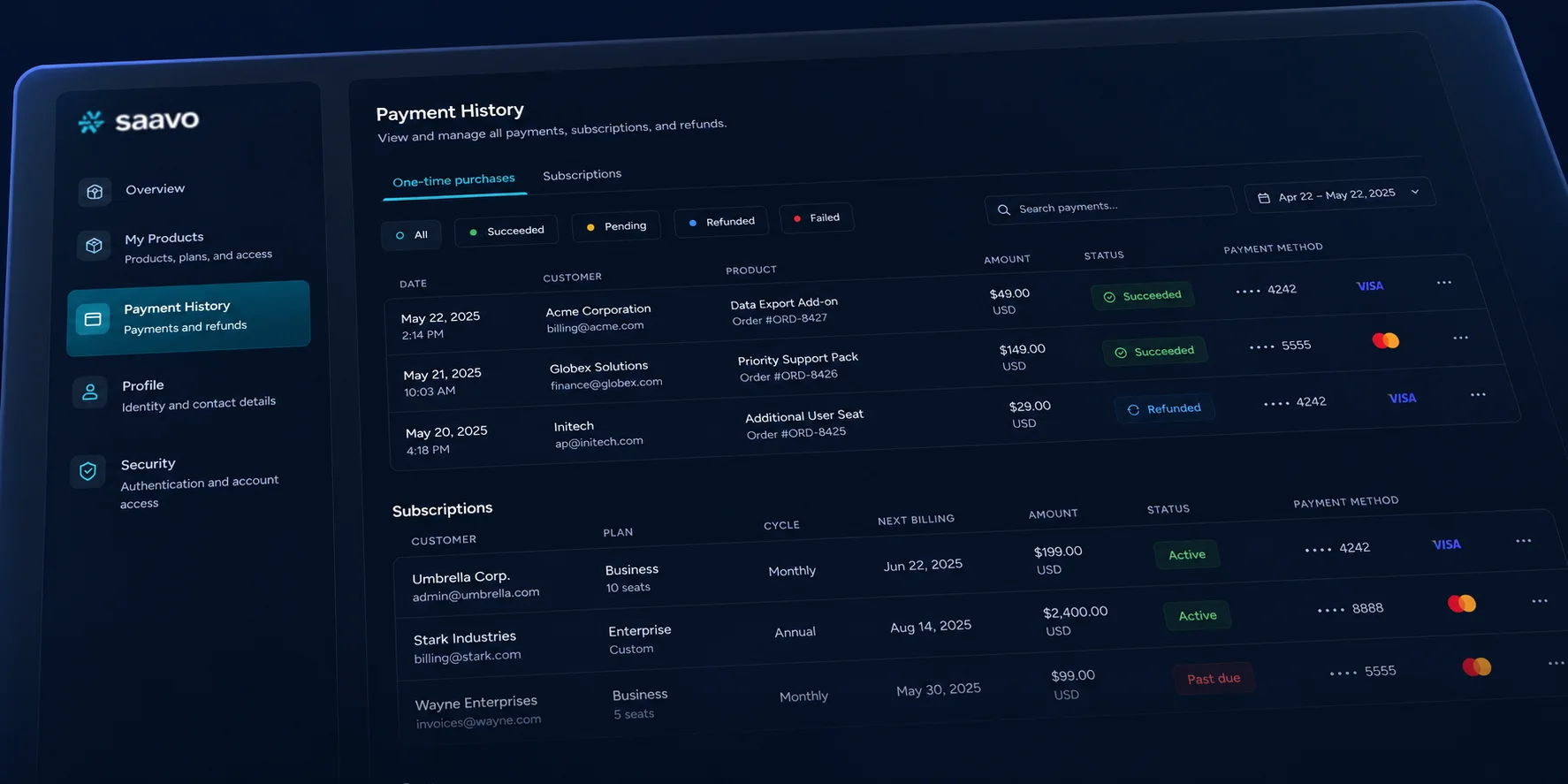 Payment operations — Review one-time purchases and subscriptions independently.