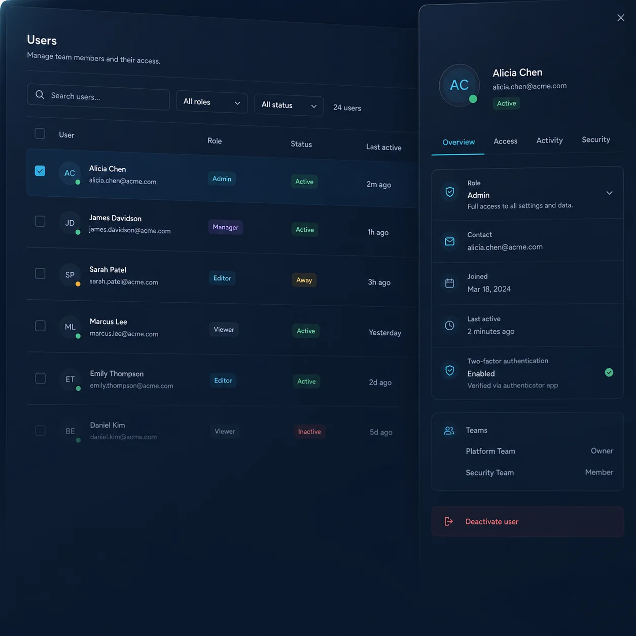 User management — Search users and review role, status, and account details.