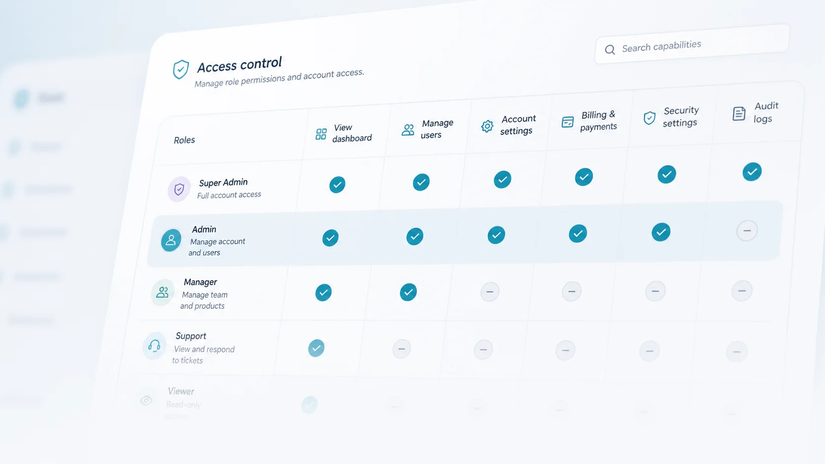 Roles and capabilities — Keep broad roles separate from concrete business capabilities.