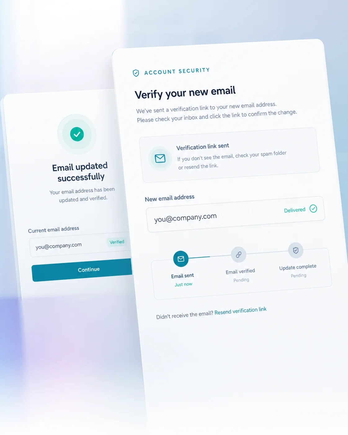 Email lifecycle — Verify addresses, resend codes, and confirm email changes.