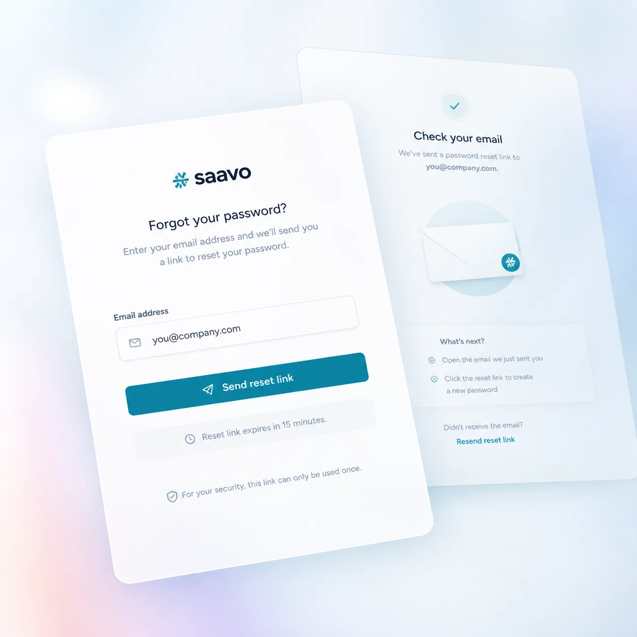Password recovery — Time-bounded reset sessions help users regain access safely.
