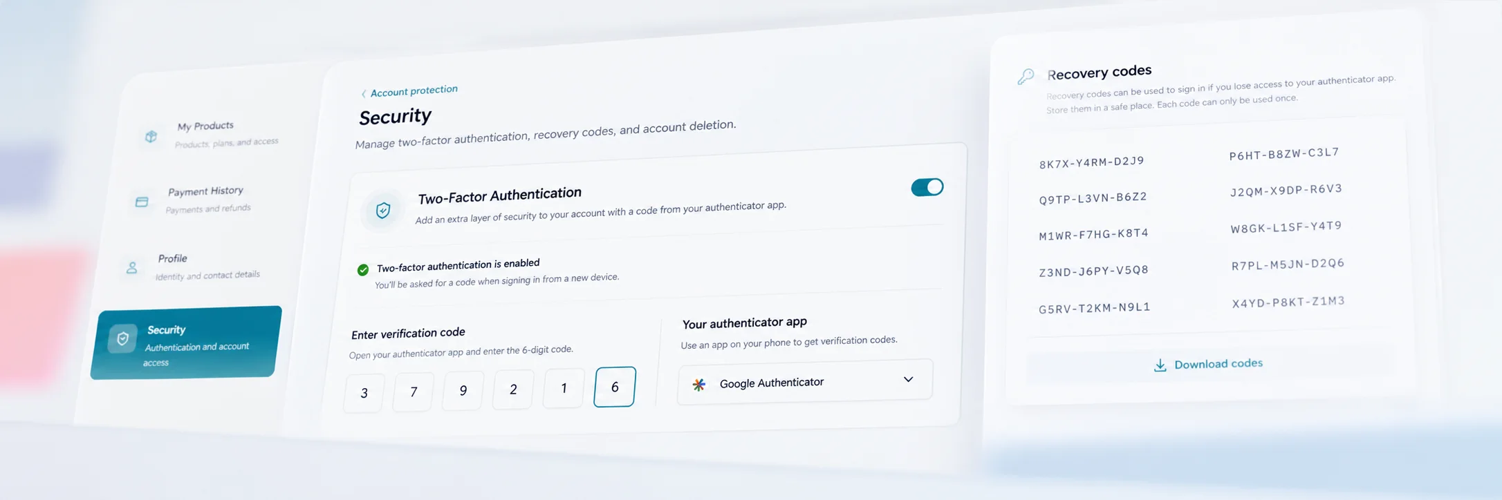 Two-factor security — TOTP setup, verification, recovery codes, and protected changes.