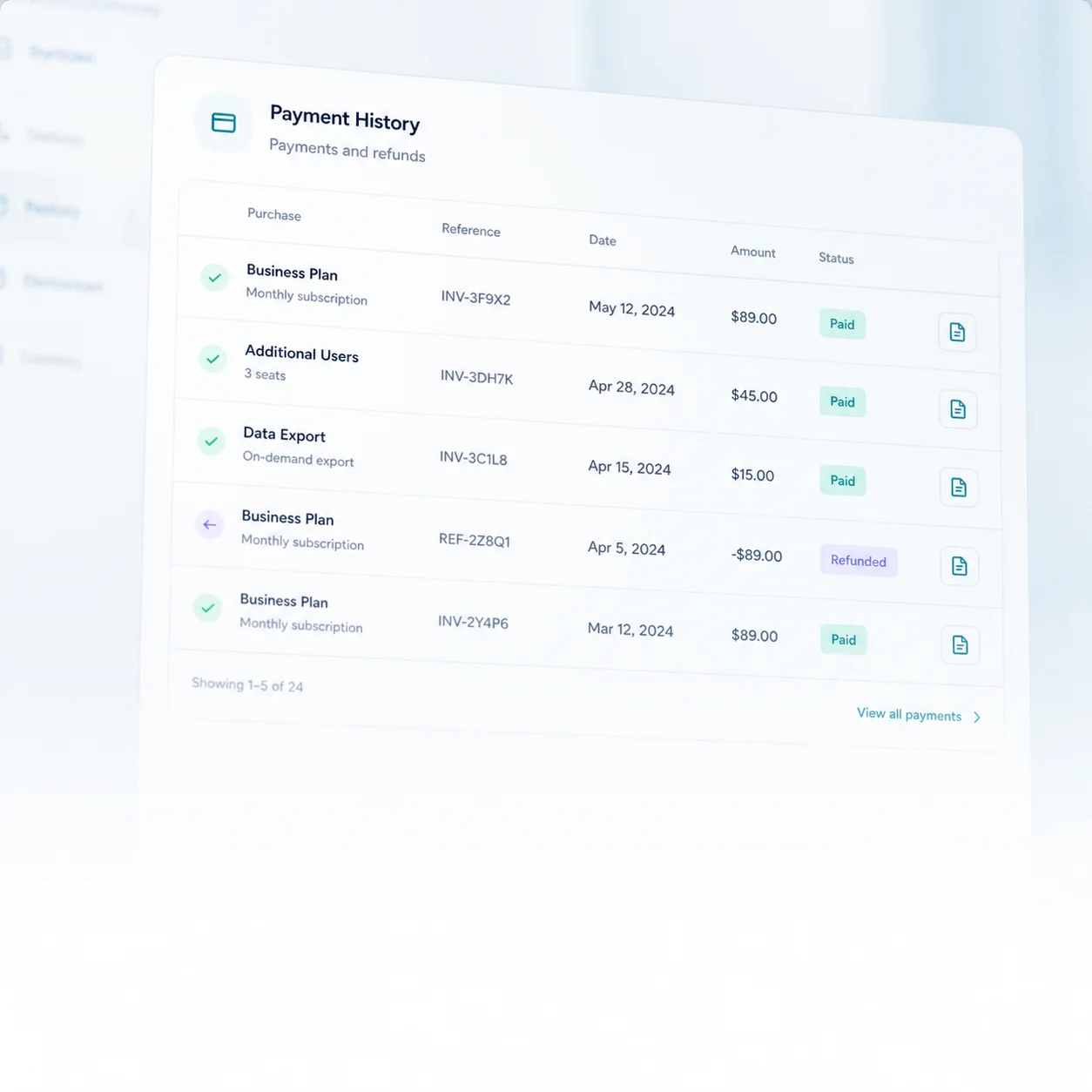 Payment history — Clear references, dates, amounts, states, and available documents.
