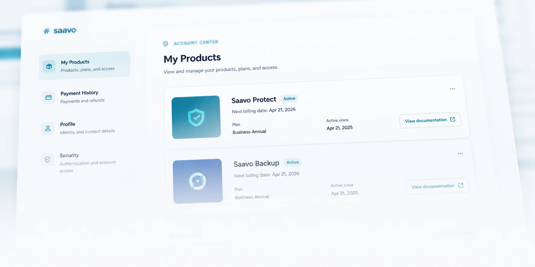 Products after purchase — Customers can see products, plans, access periods, and documentation.