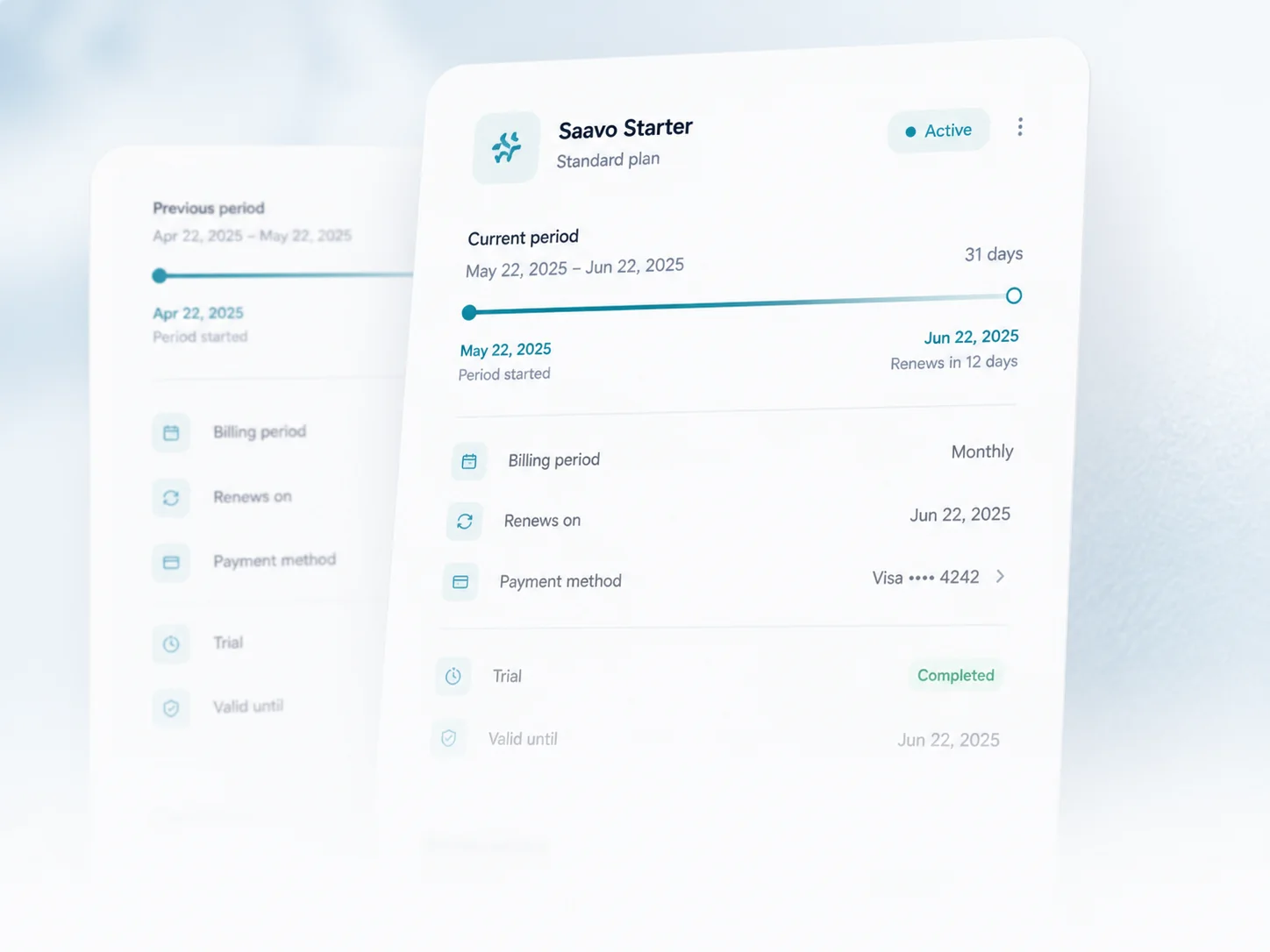 Subscription lifecycle — Track plan status, billing period, trial, and current validity.