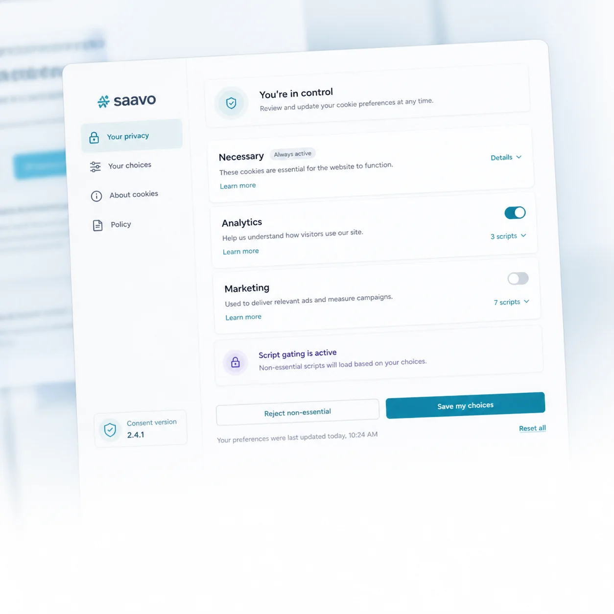 Privacy controls — Versioned consent preferences and consent-aware third-party scripts.