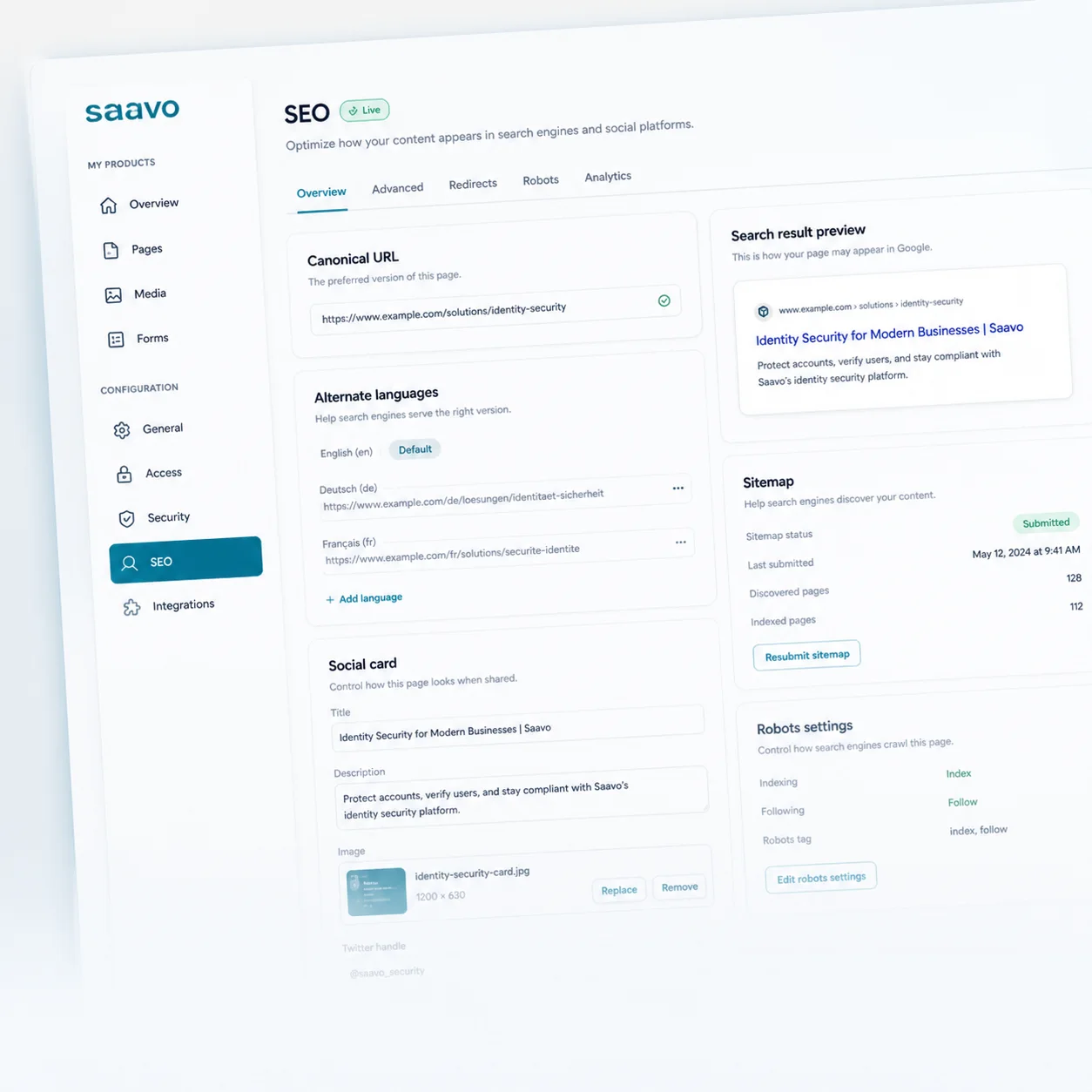 SEO foundations — Canonical, alternate language, social metadata, sitemap, and schemas.