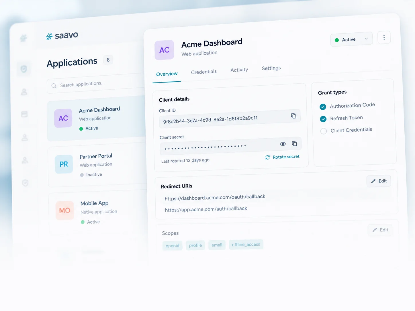 OAuth client management — Configure clients, grant types, scopes, and status.
