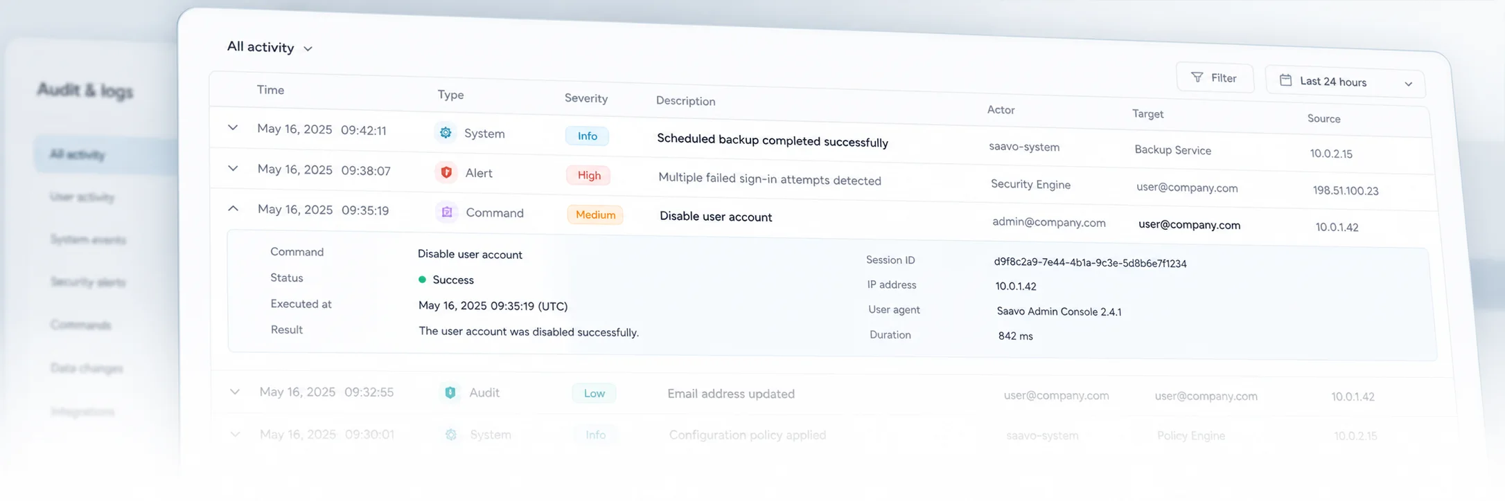 Logs and execution visibility — Trace system, alert, audit, event, and command outcomes.