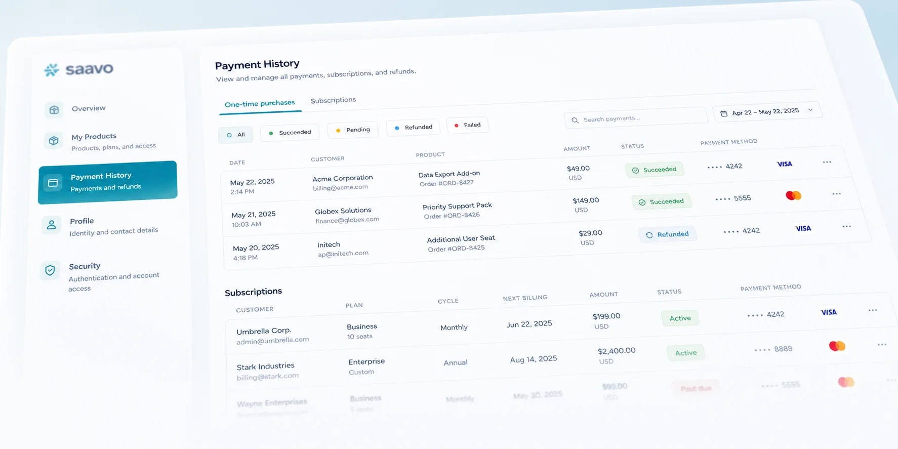 Payment operations — Review one-time purchases and subscriptions independently.