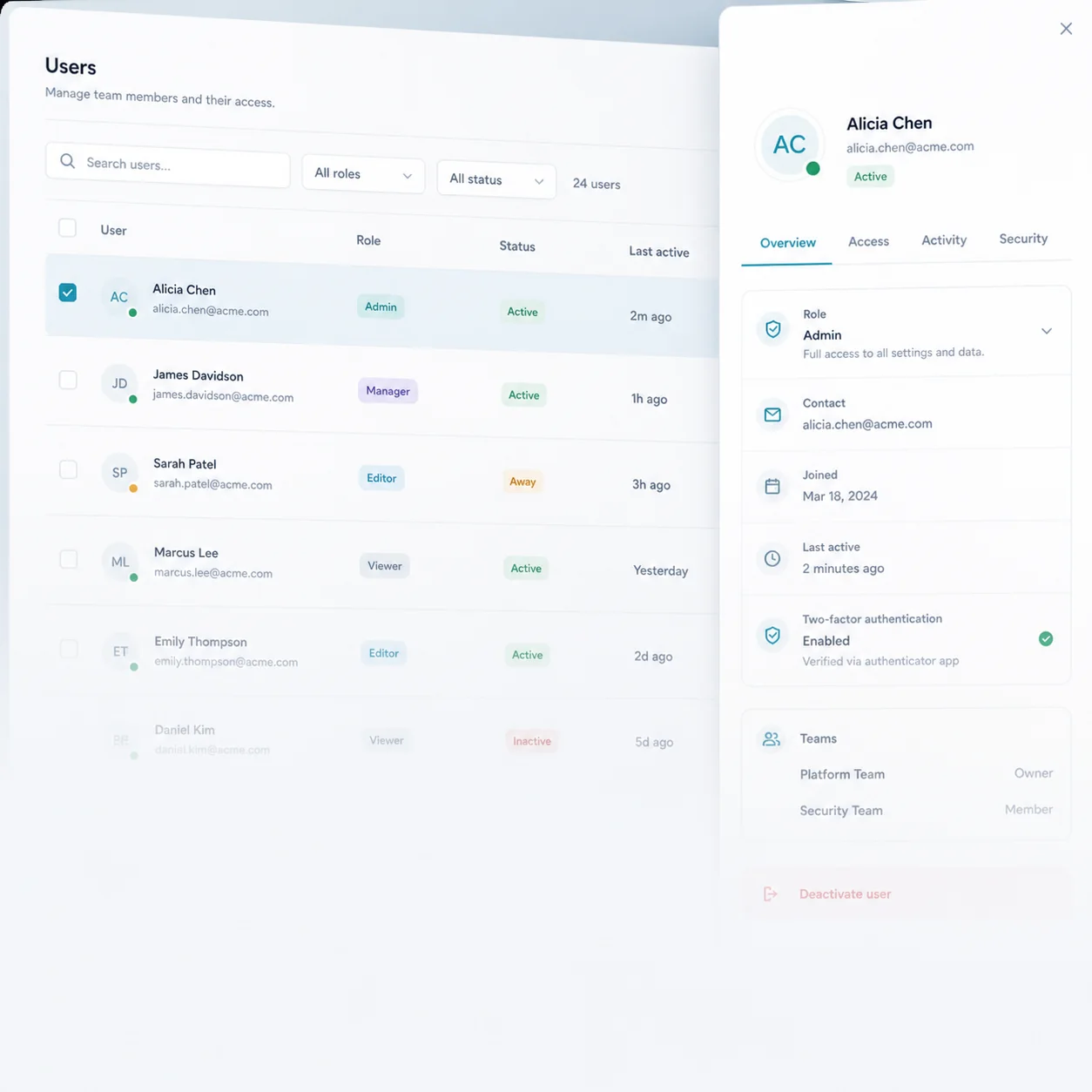 User management — Search users and review role, status, and account details.